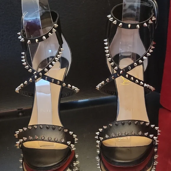 Christian Louboutin Black Choca Spikes 100 Kid Heels - Picture 2 of 16